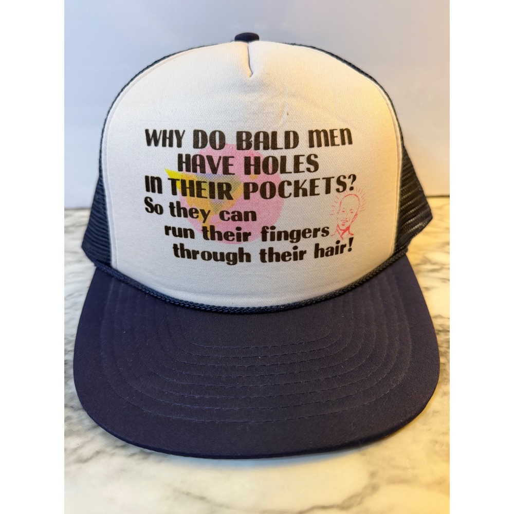 Mohr's Vintage Funny Bald Men Joke Humor Trucker Hat Navy Blue Snapback Mesh Cap